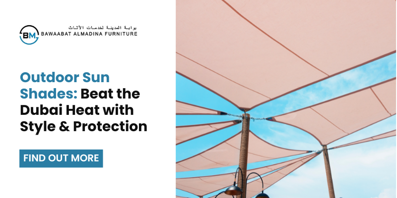 Modern tensioned outdoor sun shades stretched over a patio against a blue sky, providing stylish UV protection and cooling in a Dubai outdoor setting.